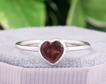 Natural Garnet Gemstone Ring - 925 Sterling Silver Ring - 6mm Heart Red Garnet Ring - January Birthstone Ring - Stacking Ring - Dainty Ring