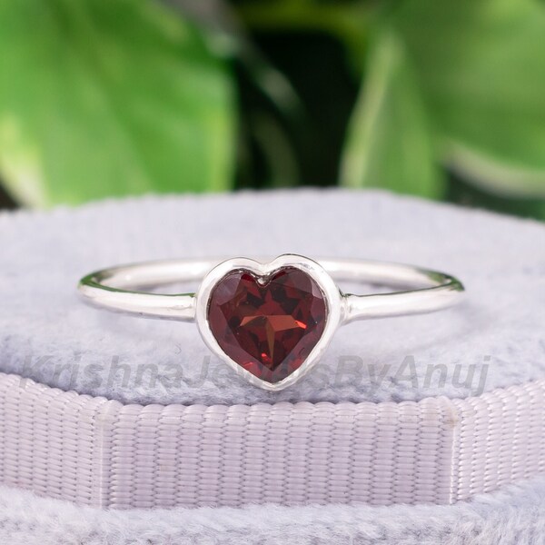 Natural Garnet Gemstone Ring - 925 Sterling Silver Ring - 6mm Heart Red Garnet Ring - January Birthstone Ring - Stacking Ring - Dainty Ring