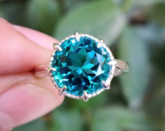 925 Sterling Silver Ring - Blue Paraiba Tourmaline Ring - 10mm Round Paraiba Tourmaline Color Ring - Prong Ring - Stylish Ring- Ring For Her