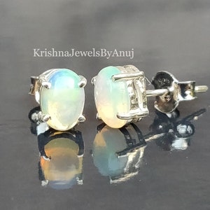 Natural Ethiopian Opal Stud Earring - 925 Sterling Silver Earring - Genuine Opal Stud - Tiny Silver Earring - Colorful Fire Opal Earring