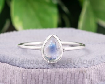 Natural White Rainbow Moonstone Ring - 925 Sterling Silver Ring - Size 3 To 13 US - June Birthstone Ring - Stacking Ring - Handmade Ring