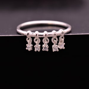 Solid 925 Sterling Silver Charm Ring - Silver & Cubic Zirconia Ring - All Sizes 4 To 13 US Available - Tiny Silver Ring - Hanging Charm Ring