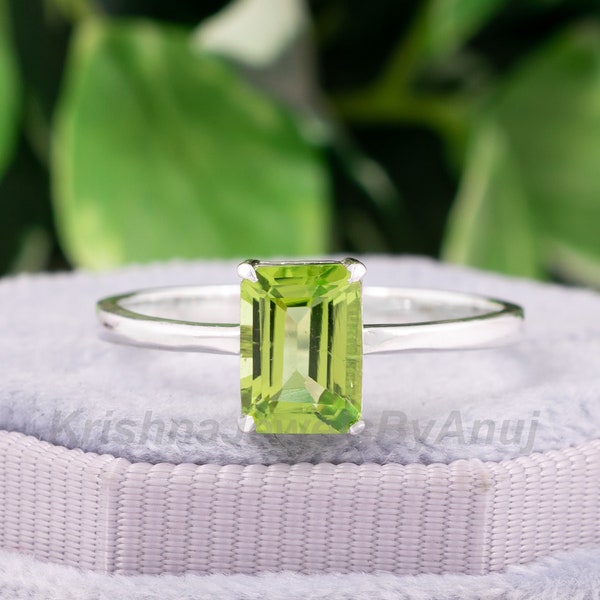 Beautiful Natural Peridot Ring - 925 Sterling Silver Ring - 6x8mm Emerald Cut Genuine Peridot Ring - August Birthstone Ring - Solitaire Ring