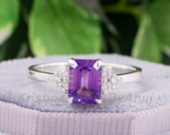 Gorgeous Natural Amethyst Gemstone Ring - 925 Solid Sterling Silver Ring - 6x8mm Emerald Cut Purple Amethyst Ring - February Birthstone Ring