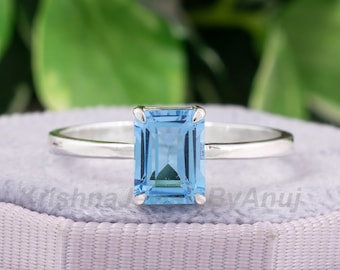 Gorgeous Natural Blue Topaz Ring - 925 Sterling Silver Ring - 6x8mm Emerald Cut Genuine Swiss Blue Topaz Ring - December Birthstone Ring