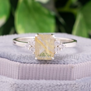 Amazing Natural Golden Rutile Quartz Ring - 925 Sterling Silver Ring - 6x8mm Emerald Cut Golden Rutilated Quartz Ring - Solitaire Ring