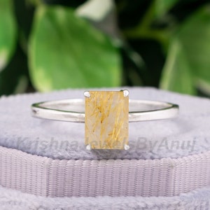 Amazing Natural Golden Rutile Quartz Ring - 925 Sterling Silver Ring - 6x8mm Emerald Cut Golden Rutilated Quartz Ring - Solitaire Ring