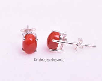 Red Coral Stud Earring - 925 Sterling Silver Stud Earring - Natural Red Coral Stud Earring - Tiny Silver Stud- Handcrafted Red Coral Earring