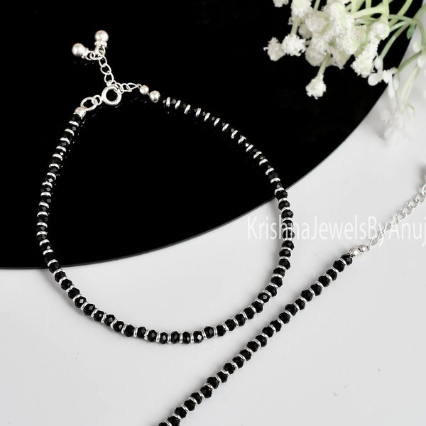 Silver Black Beads Anklet - 925 Sterling Silver Black Beaded Anklet - Adjustable Feet Bracelet - Black Nazariya Anklet - Protection Anklet