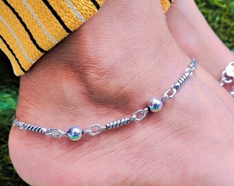 Tobillera de plata de ley maciza 925 - Largo 26,5 cm - Tobillera de cadena con cuentas oxidadas hecha a mano - Tobillera tradicional india - Joyería tribal