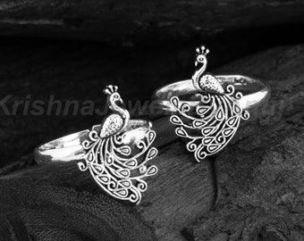 Amazing Peacock Toe Ring - 925 Sterling Silver Toe Ring- Toe Ring Pair- Adjustable Toe Band- Indian Traditional Jewelry- Daily Wear Toe Band