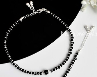 Silver Black Beads Anklet - 925 Sterling Silver Black Beaded Anklet - Adjustable Feet Bracelet - Black Nazariya Anklet - Protection Anklet