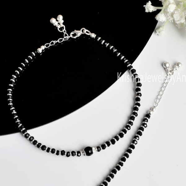 Silver Black Beads Anklet - 925 Sterling Silver Black Beaded Anklet - Adjustable Feet Bracelet - Black Nazariya Anklet - Protection Anklet