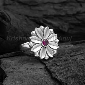 Stunning Flower Silver Ring - Pure 925 Sterling Silver Ring - Adjustable Ring - Pink Stone Flower Silver Ring - Wedding Ring - Birthday Gift
