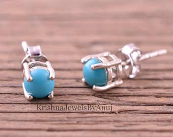Natural Sleeping Beauty Turquoise Stud Earring - 925 Solid Sterling Silver Stud Earring - 5mm Round Turquoise Stud - December Birthstone
