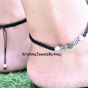 Silver Anklet | 925 Sterling Silver Thread Anklet | Black Thread Beaded Anklet | Adjustable Anklet | Braided Nazariya Anklet | Feet Jewelry