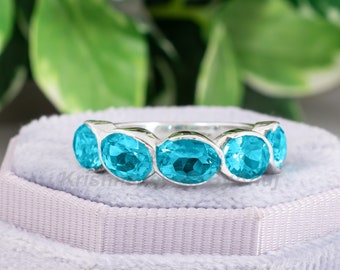 Gorgeous Paraiba Tourmaline Color Ring - 925 Solid Sterling Silver Ring - Size 5 To 10 US - Half Eternity Ring - 5 Stone Ring - Gift For Her