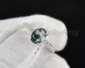 Anillo de ágata musgosa natural - Anillo de plata de ley 925 maciza - Anillo ovalado apilable - Anillo minimalista con piedras preciosas - Regalo único para ella - Anillo de promesa
