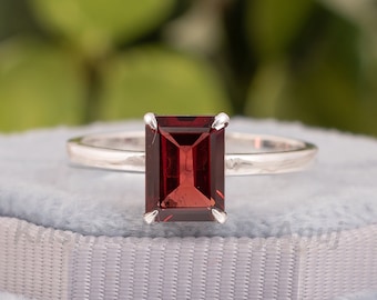 Natural Garnet Gemstone Ring - 925 Solid Sterling Silver Ring - 6x8mm Emerald Cut Red Garnet Ring - January Birthstone Ring - Solitaire Ring