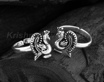 Gorgeous Peacock Toe Ring - 925 Sterling Silver Toe Ring - Toe Ring Pair - Adjustable Toe Band - Indian Traditional Jewelry - Midi Toe Ring