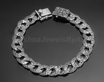 Solid 925 Sterling Silver Cuban Link Chain Bracelet - Silver Oxidize Curb Chain Bracelet - Handcrafted Chain Bracelet Jewelry