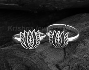 Lotus Flower Toe Ring - 925 Sterling Silver Toe Ring - Toe Ring Pair - Adjustable Toe Band - Indian Traditional Jewelry- Daily Wear Toe Ring