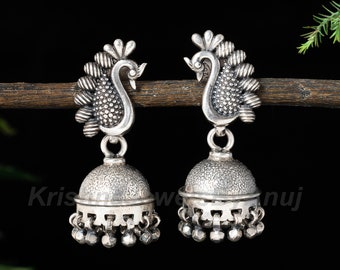 Beautiful Peacock Silver Earring - 925 Sterling Silver Earring - Jhumka Earring - Indian Jewelry - Ethnic Silver Earring - Length 4.2 Cm