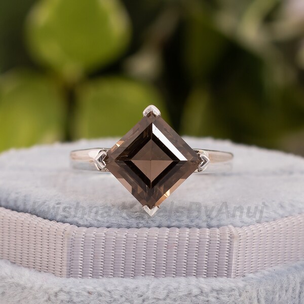 Pierścionek z naturalnym kwarcem dymnym – Srebro próby 925 – Prawdziwy kwadratowy kwarc dymny o średnicy 8 mm – Pierścionek z kamieniem szlachetnym – Ręcznie robiony pierścionek – Pierścionek z pojedynczym kamieniem