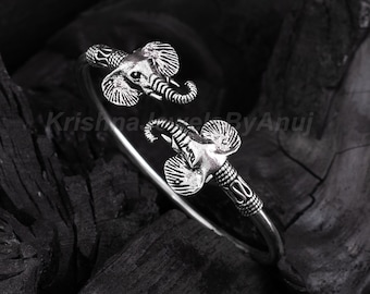 Elephant Head Cuff Bracelet - 925 Solid Sterling Silver Bracelet - Size 2.3 Inches (Inside Diameter)- Elephant Bangle- Indian Ethnic Jewelry