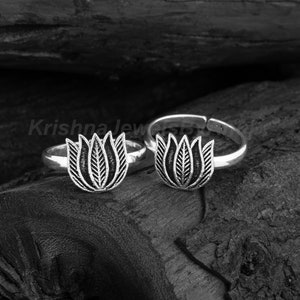Lotus Flower Toe Ring - 925 Sterling Silver Toe Ring - Toe Ring Pair - Adjustable Toe Band - Indian Traditional Jewelry- Daily Wear Toe Ring