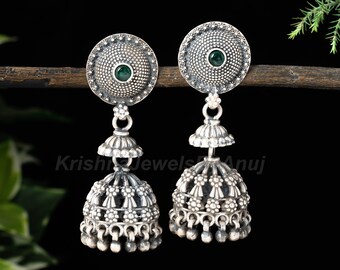 925 Solid Sterling Silver Dangle Drop Earrings - Indian Traditional Jewelry - Oxidised Earrings - Jhumka Earrings - Daily Wear Earring