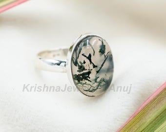 ハンドメイドモスアゲートリング：925シルバーベゼル、マーキス