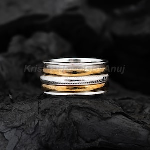 Amazing Spinner Band - Solid 925 Sterling Silver Spinner Ring - Two Tone Spinner Ring - Meditation Band Jewelry