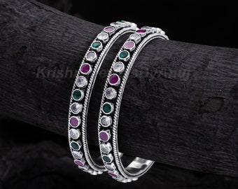 Gorgeous Multi Color Stone Silver Bangle Pair - 925 Sterling Silver Bangle - Handmade Oxidized Silver Kada - Size 2.4 Inch (Inside Diameter)