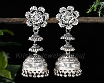 Solid 925 Sterling Silver Dangle Drop Earring - Indian Classical Oxidized Earring - Vintage Earring - Antique Earring - Jhumka Earrin