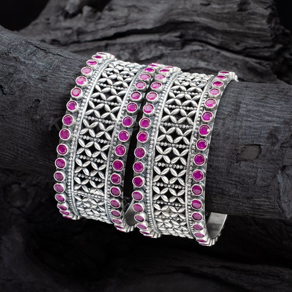 Gorgeous Floral Design Silver Jali Bangle Pair - 925 Sterling Silver Pink Stone Kada - Handmade Vintage Look Cuff Bracelet - Indian Jewelry