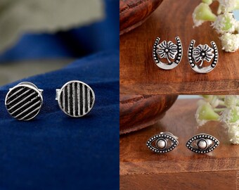 Matched Pair Minimalist Oxidized Silver Stud Earrings 3 Pairs Lot - Dainty Handmade Earrings Jewelry For Her - 925 Solid Sterling Silver