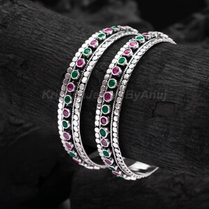Gorgeous Colorful Stone Silver Bangle Pair - 925 Solid Sterling Silver Bangle - 11mm Wide Silver Bangle - Size 2.4 Inches (Inside Diameter)