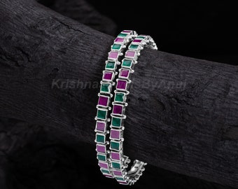 Amazing Sterling Silver Bangle - Beautiful Pink & Green Color Silver Bangle - Handmade Bangle - Indian Traditional Jewelry - Colorful Bangle