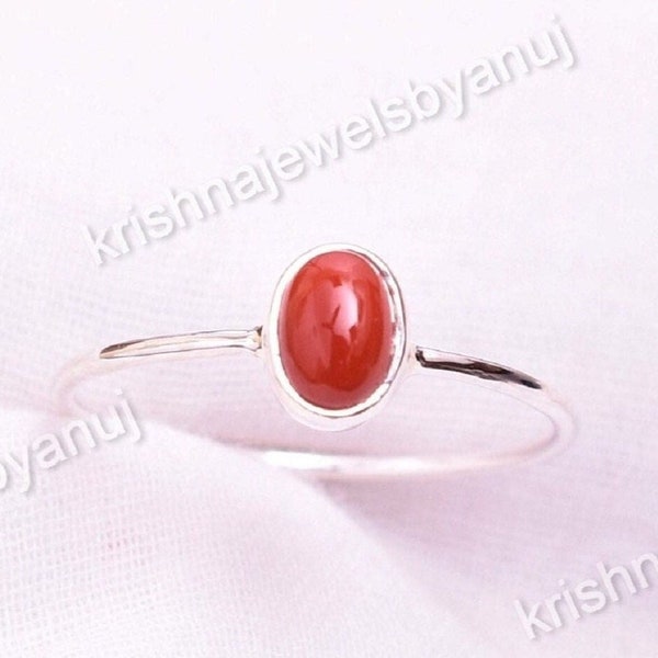 Natural Red Coral Ring - 925 Sterling Silver Ring - Size 3 To 13 US - Tiny Ring - Stackable Ring - Dainty Ring - Midi Ring - Birthstone Ring