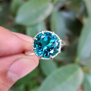 925 Sterling Silver Ring Blue Paraiba Tourmaline Ring 10mm Round Paraiba Tourmaline Color Ring Prong Ring Stylish Ring Ring For Her image 2