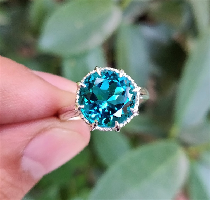 925 Sterling Silver Ring Blue Paraiba Tourmaline Ring 10mm Round Paraiba Tourmaline Color Ring Prong Ring Stylish Ring Ring For Her image 2