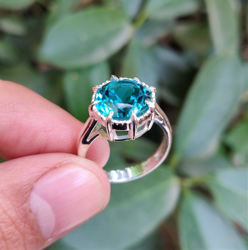 925 Sterling Silver Ring Blue Paraiba Tourmaline Ring 10mm Round Paraiba Tourmaline Color Ring Prong Ring Stylish Ring Ring For Her image 6