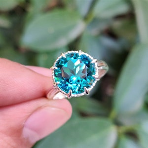 925 Sterling Silver Ring Blue Paraiba Tourmaline Ring 10mm Round Paraiba Tourmaline Color Ring Prong Ring Stylish Ring Ring For Her image 4