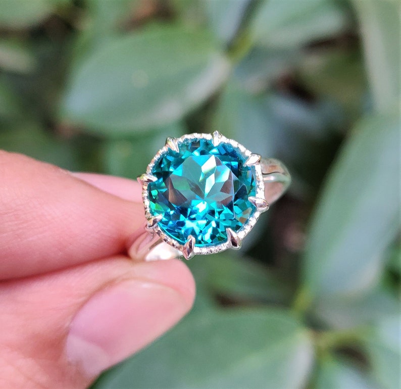 925 Sterling Silver Ring Blue Paraiba Tourmaline Ring 10mm Round Paraiba Tourmaline Color Ring Prong Ring Stylish Ring Ring For Her image 4