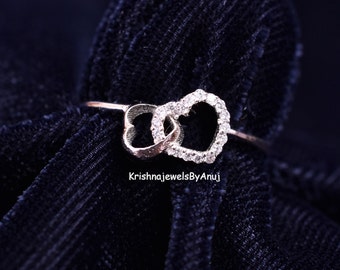 Double Hearts Silver Ring - 925 Sterling Silver Ring - Size