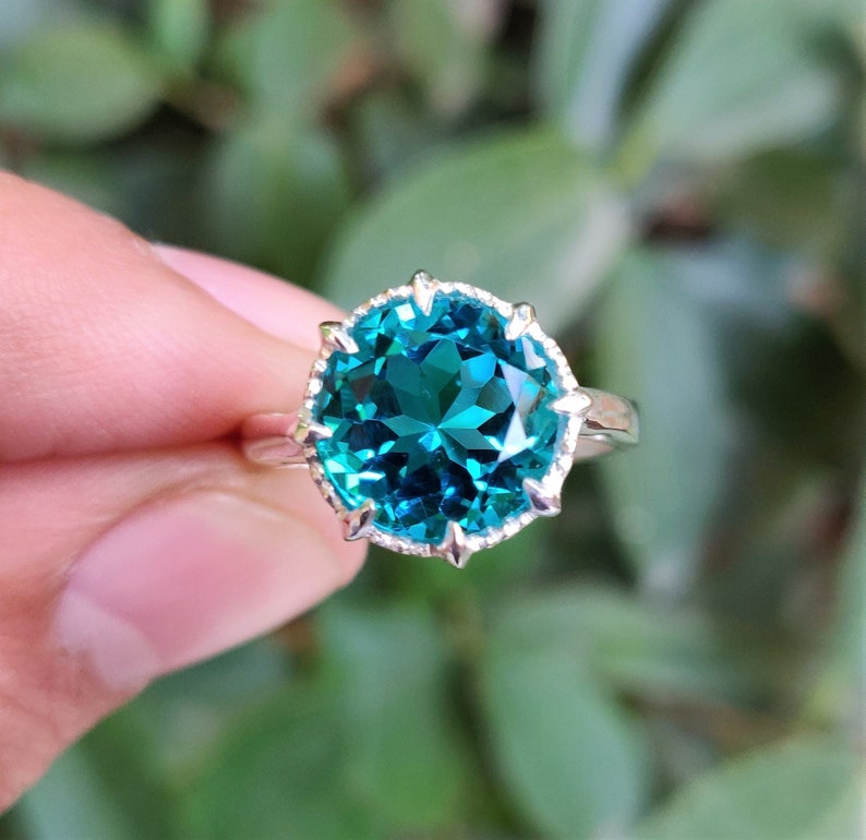 925 Sterling Silver Ring Blue Paraiba Tourmaline Ring 10mm Round Paraiba Tourmaline Color Ring Prong Ring Stylish Ring Ring For Her image 1