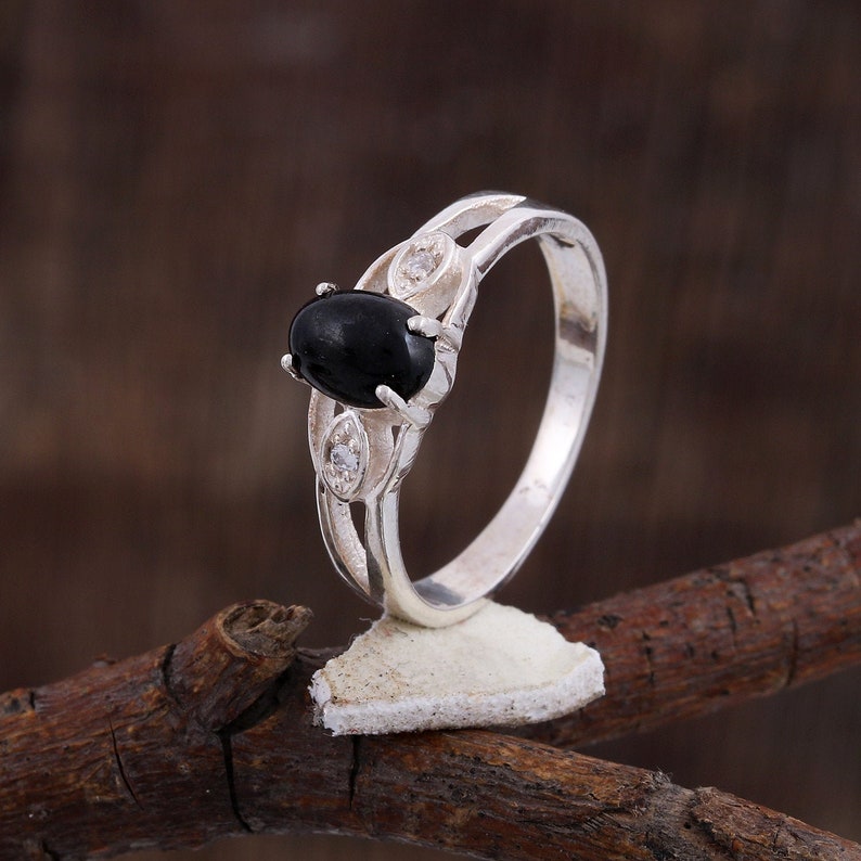 Natural Black Star Ring prong Ring- GR -140 Midi Ring -Promise Ring 925 Sterling Silver -Size 4 To 11 US All Sizes Ava- Statement Ring