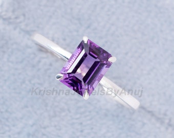 Gorgeous Natural Amethyst Gemstone Ring - 925 Solid Sterling Silver Ring - 6x8mm Emerald Cut Purple Amethyst Ring - February Birthstone Ring