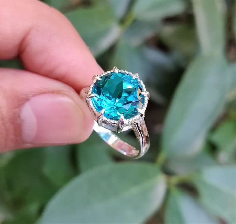 925 Sterling Silver Ring Blue Paraiba Tourmaline Ring 10mm Round Paraiba Tourmaline Color Ring Prong Ring Stylish Ring Ring For Her image 8